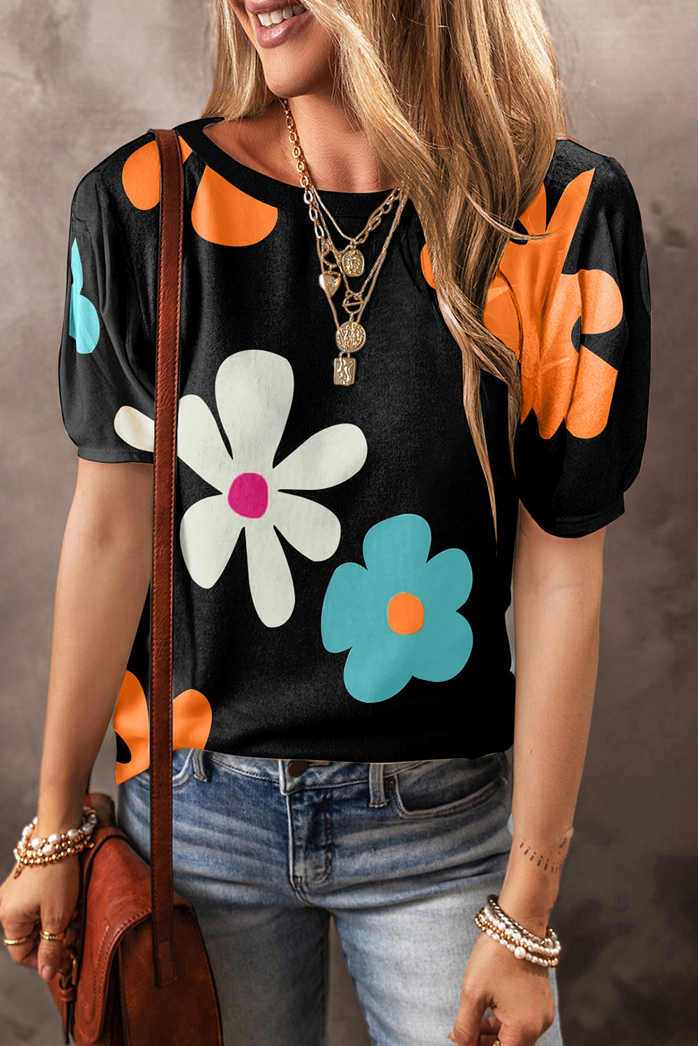 Flower Round Neck Short Sleeve Blouse Flower Round Neck Short Sleeve Blouse